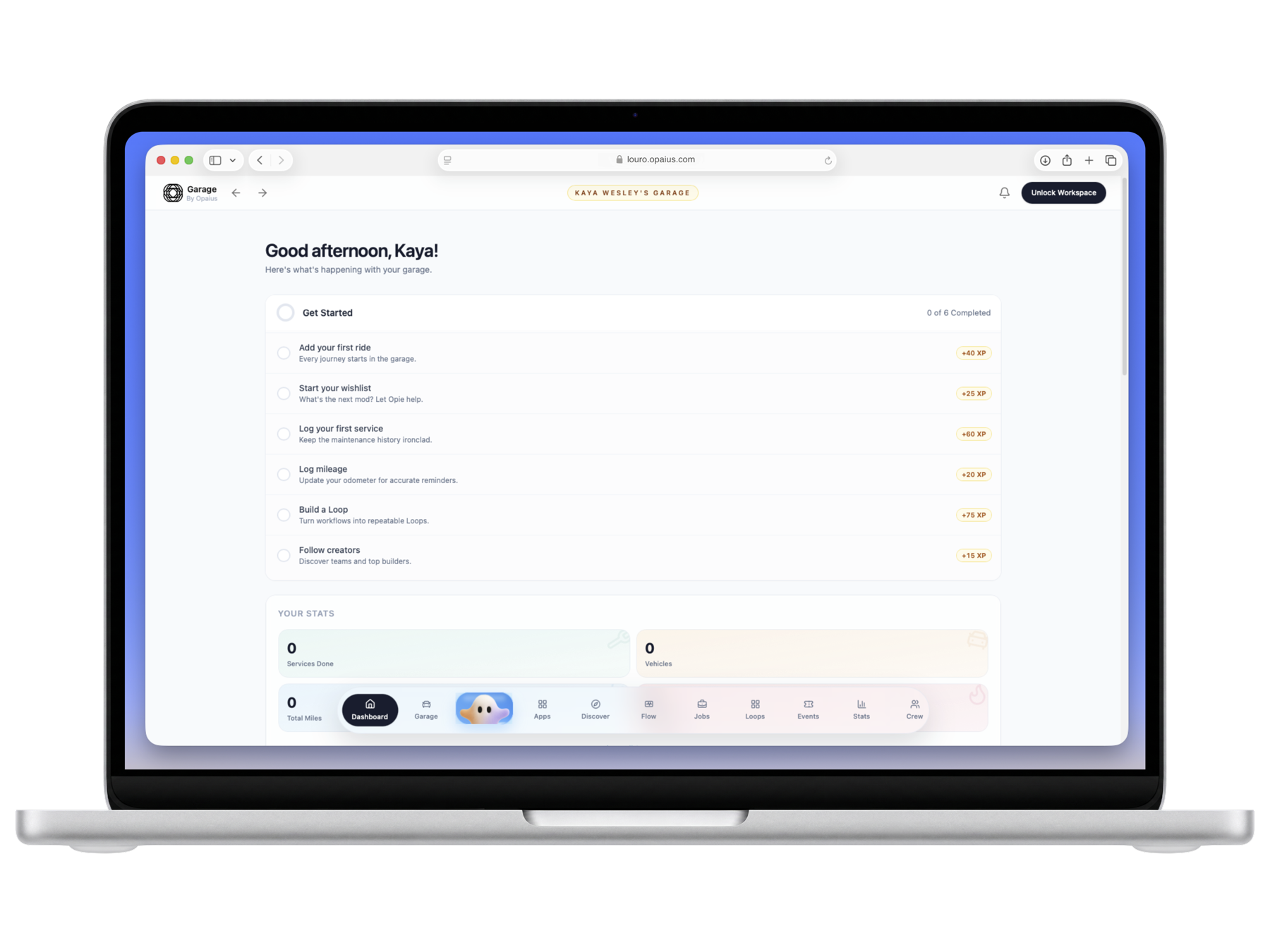 The Louro Garage dashboard on a MacBook